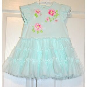 Little Me‎ Baby Girls' Dress 18M Green w/ Pink Flowers Tiered Skirt Snap Closure